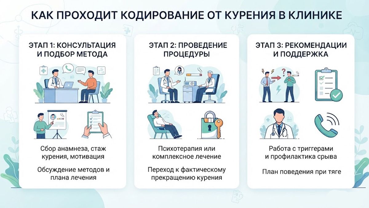 Инфографика: как проходит кодирование от курения в клинике по этапам.